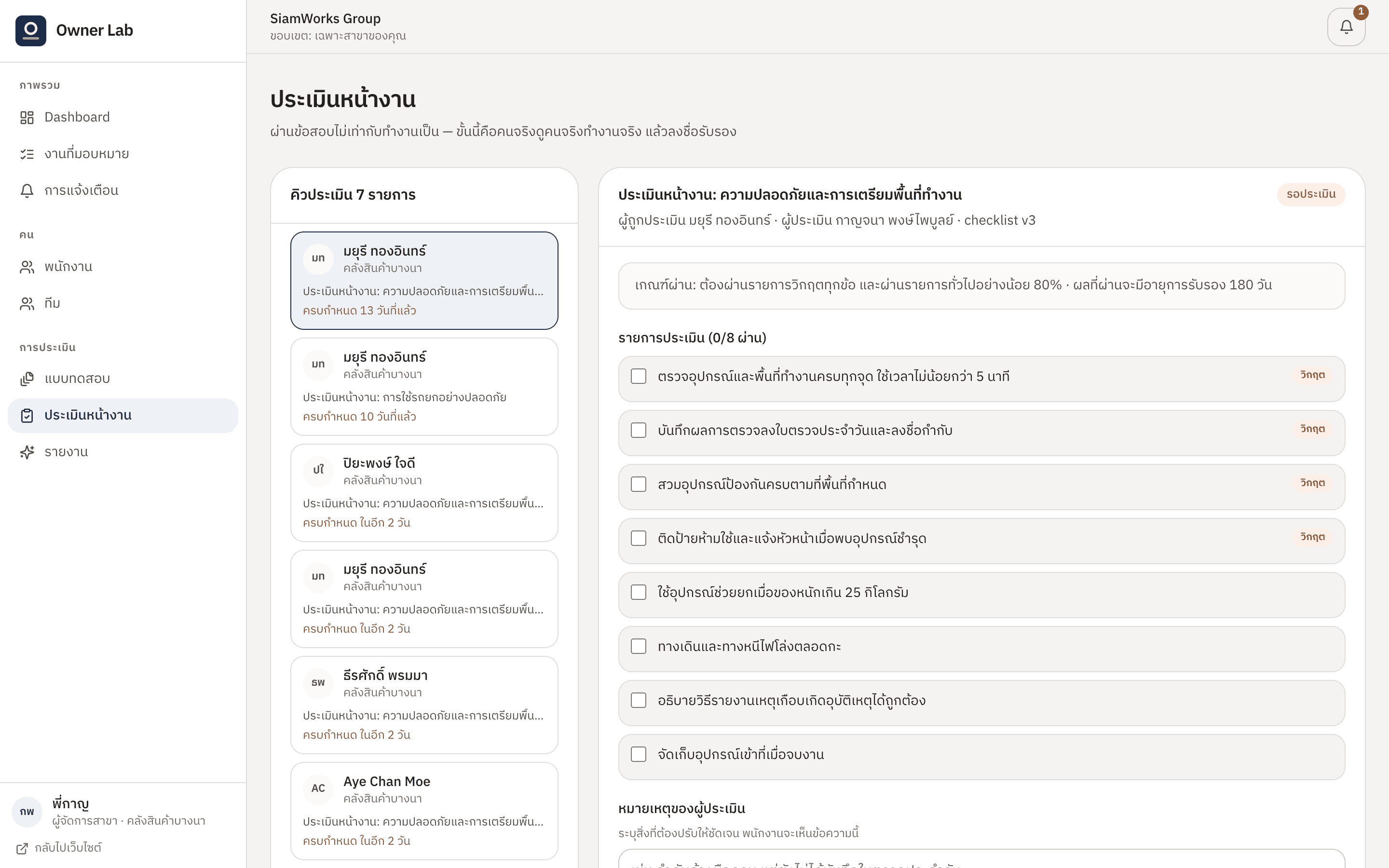 หน้าประเมินการทำงานจริงของหัวหน้า แสดงรายชื่อพนักงานที่รอการประเมินหน้างานพร้อมเกณฑ์ที่ต้องตรวจ